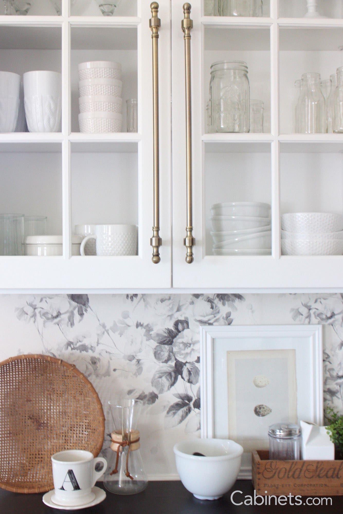 Glass doors in Sebring Maple Bright White wall cabinets