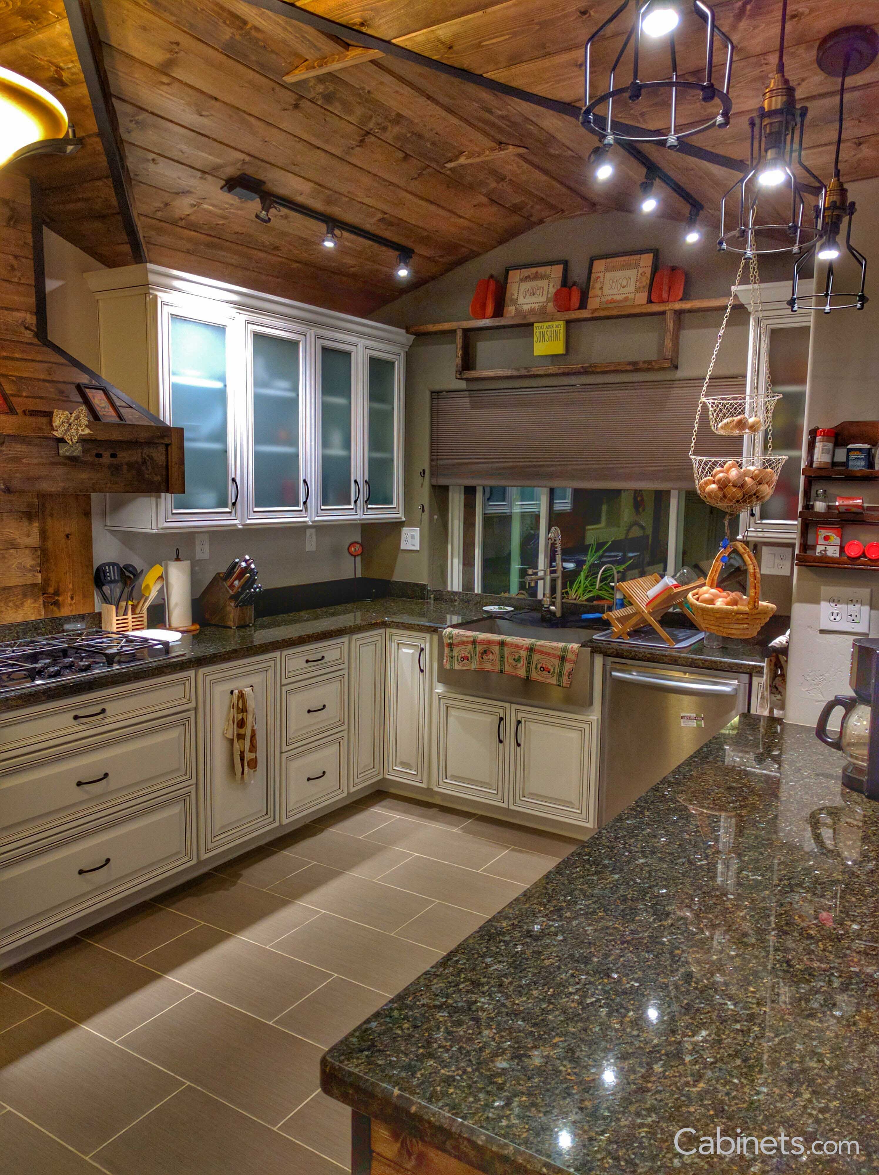 Bronson Maple Bright White Chocolate Glaze cabinets in a cabin