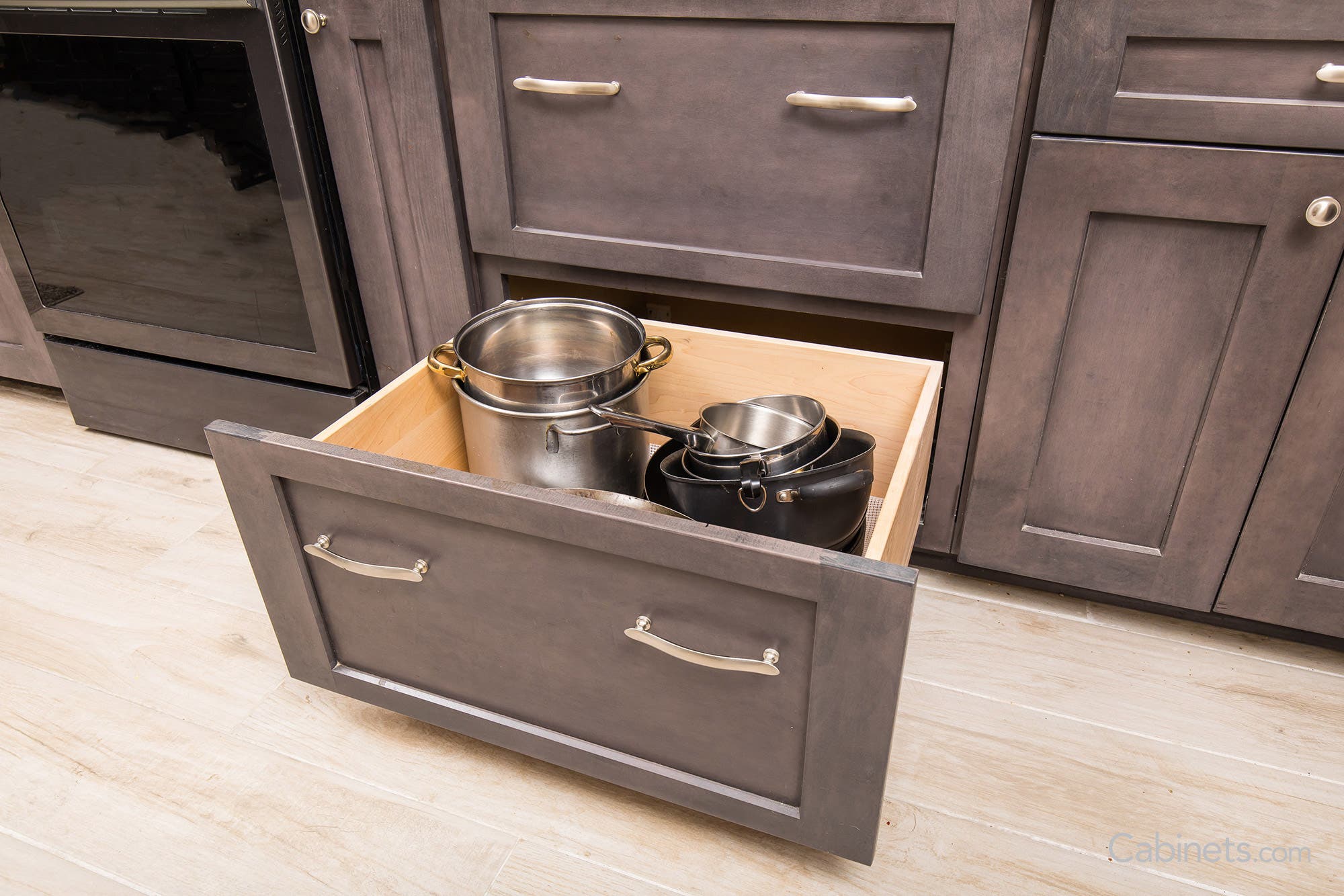 Deep pull out drawer for pots and pans