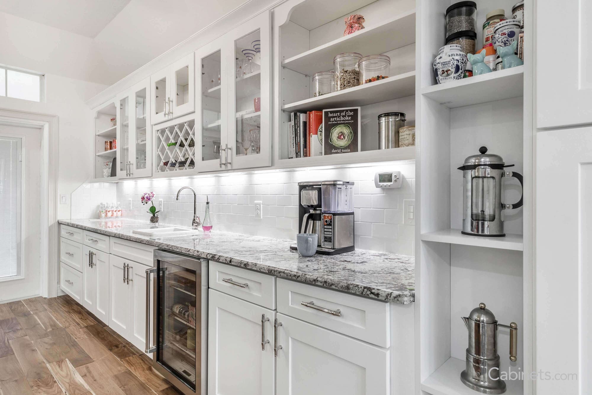 Kitchen cabinets open shelves and glass doors