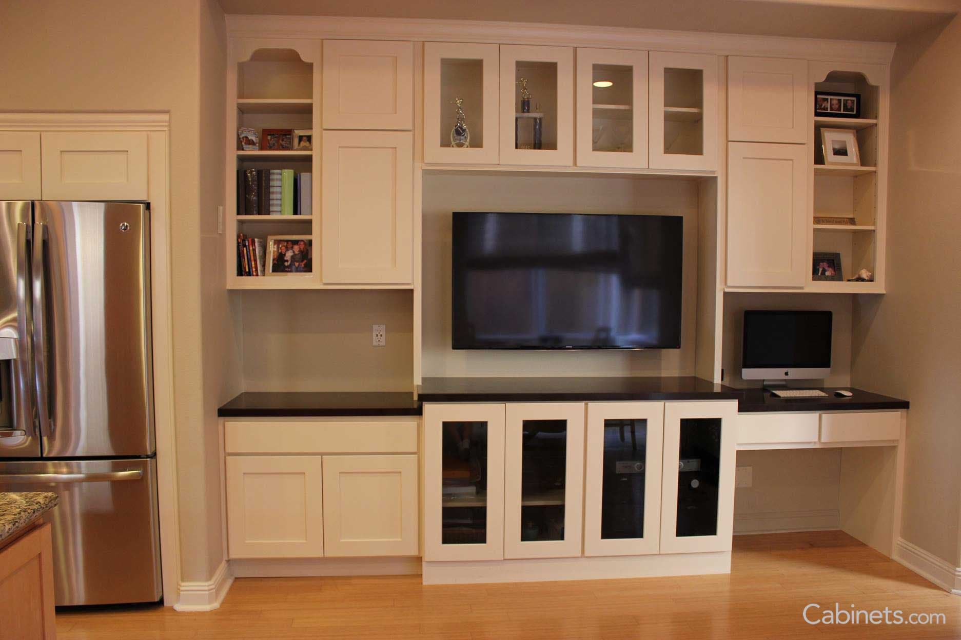 Entertainment center and study area in Shaker Maple Antique White