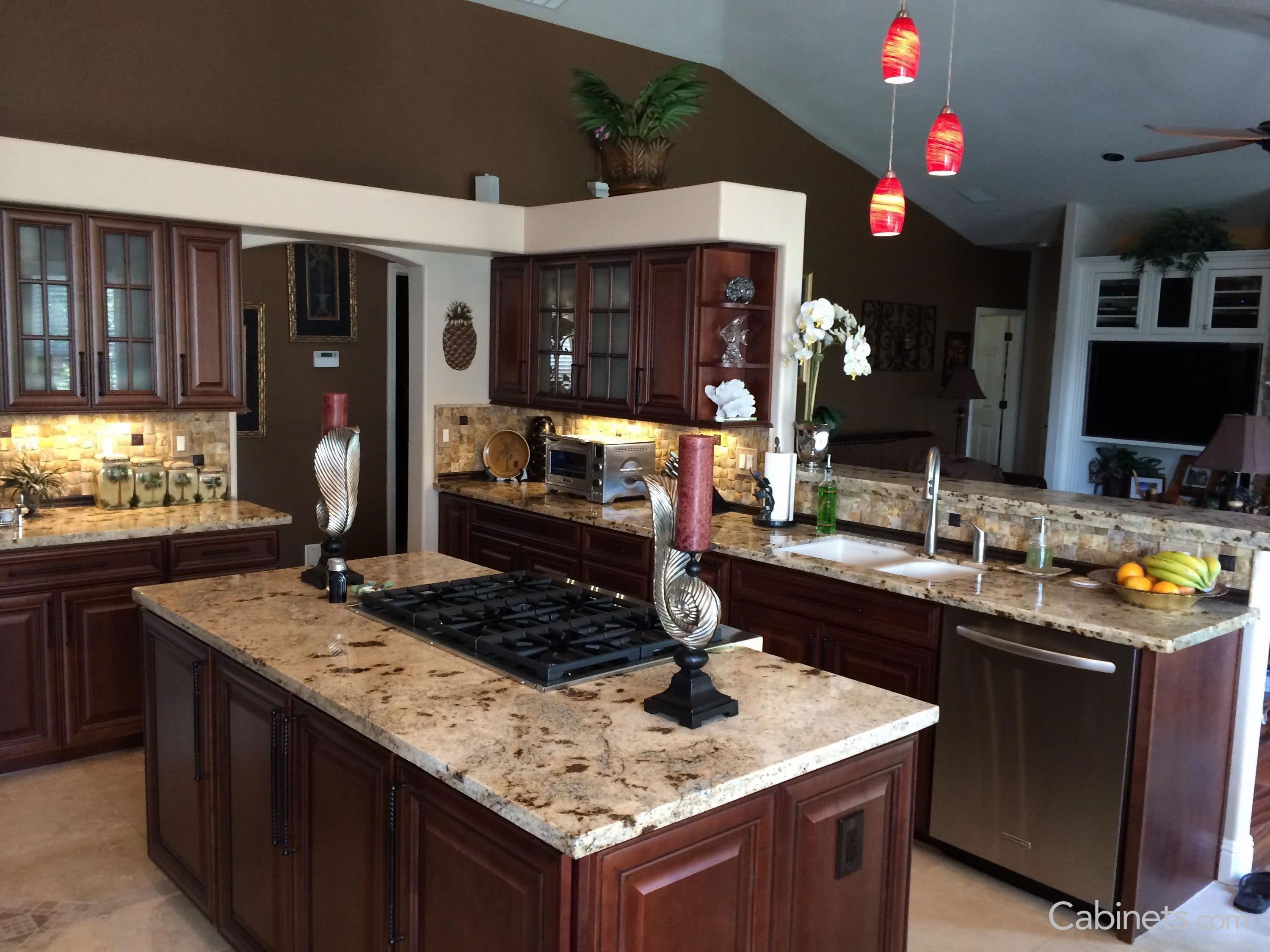 Interesting kitchen layout with Springfield Maple Java Coffee Glaze cabinets