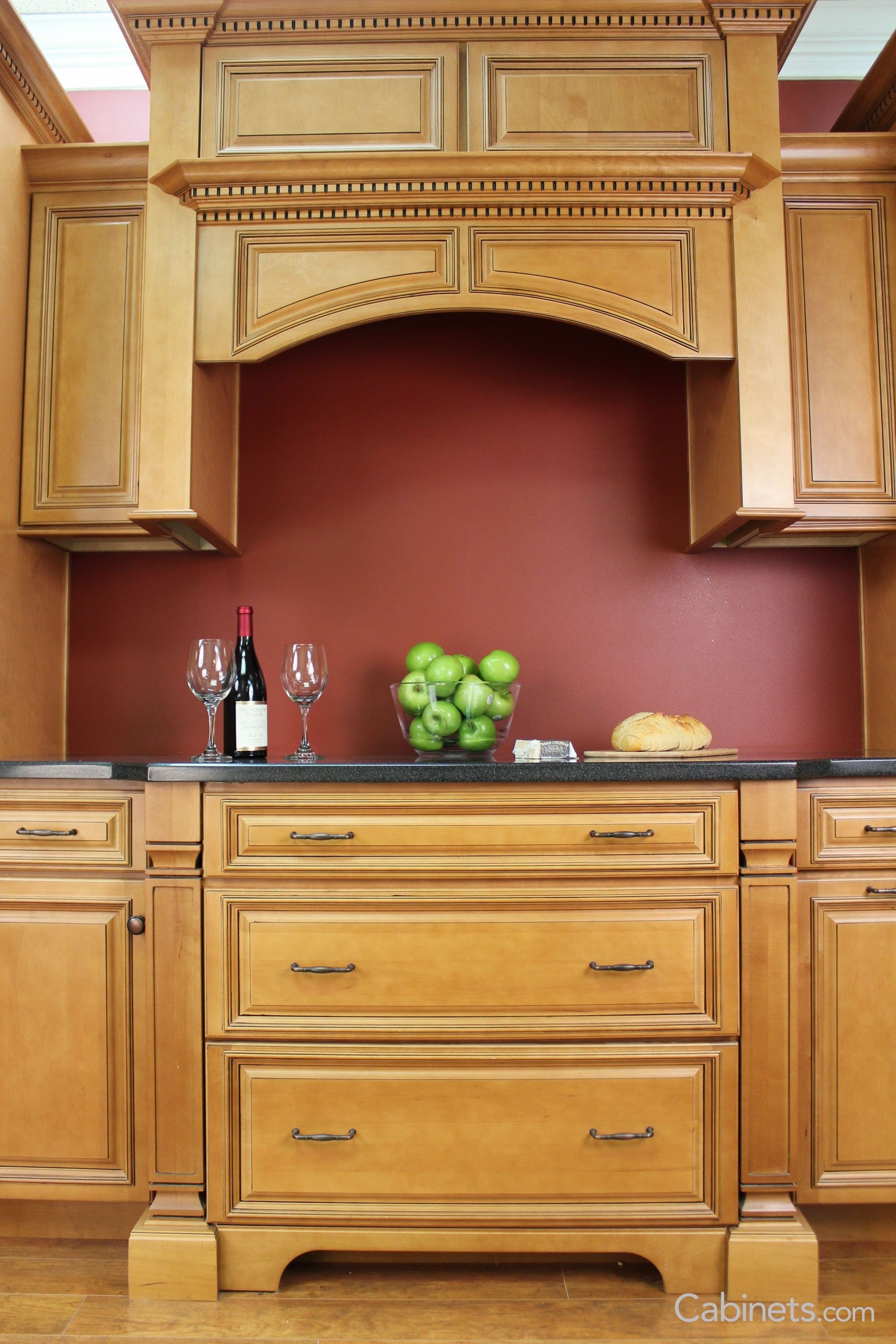 Ginger glaze cabinets with post legs