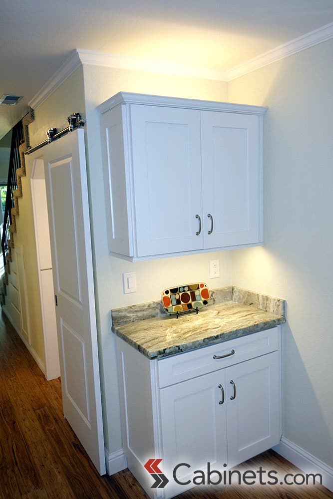 Cabinets shown are Deerfield Shaker II Maple Bright White.