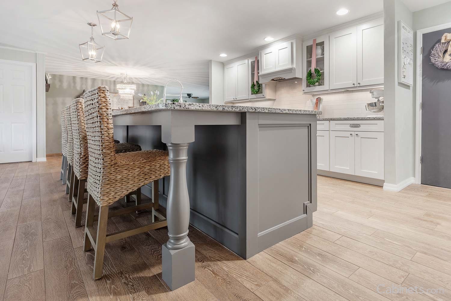 Willow grey and bright white cabinets 