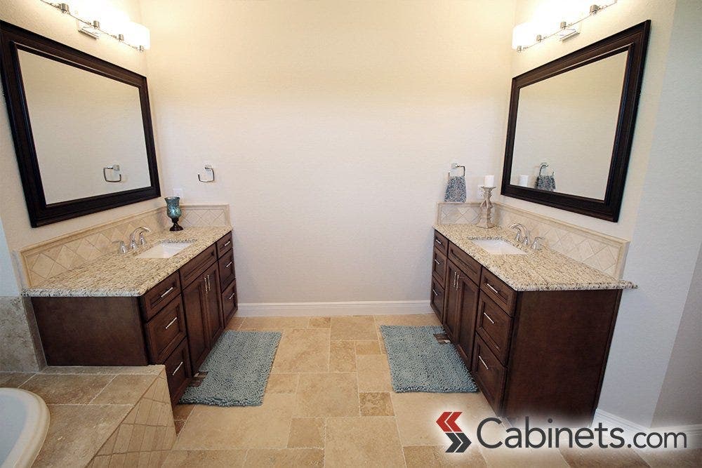 A His and Her Master Bathroom Design using our Belleair Maple Pecan cabinets.