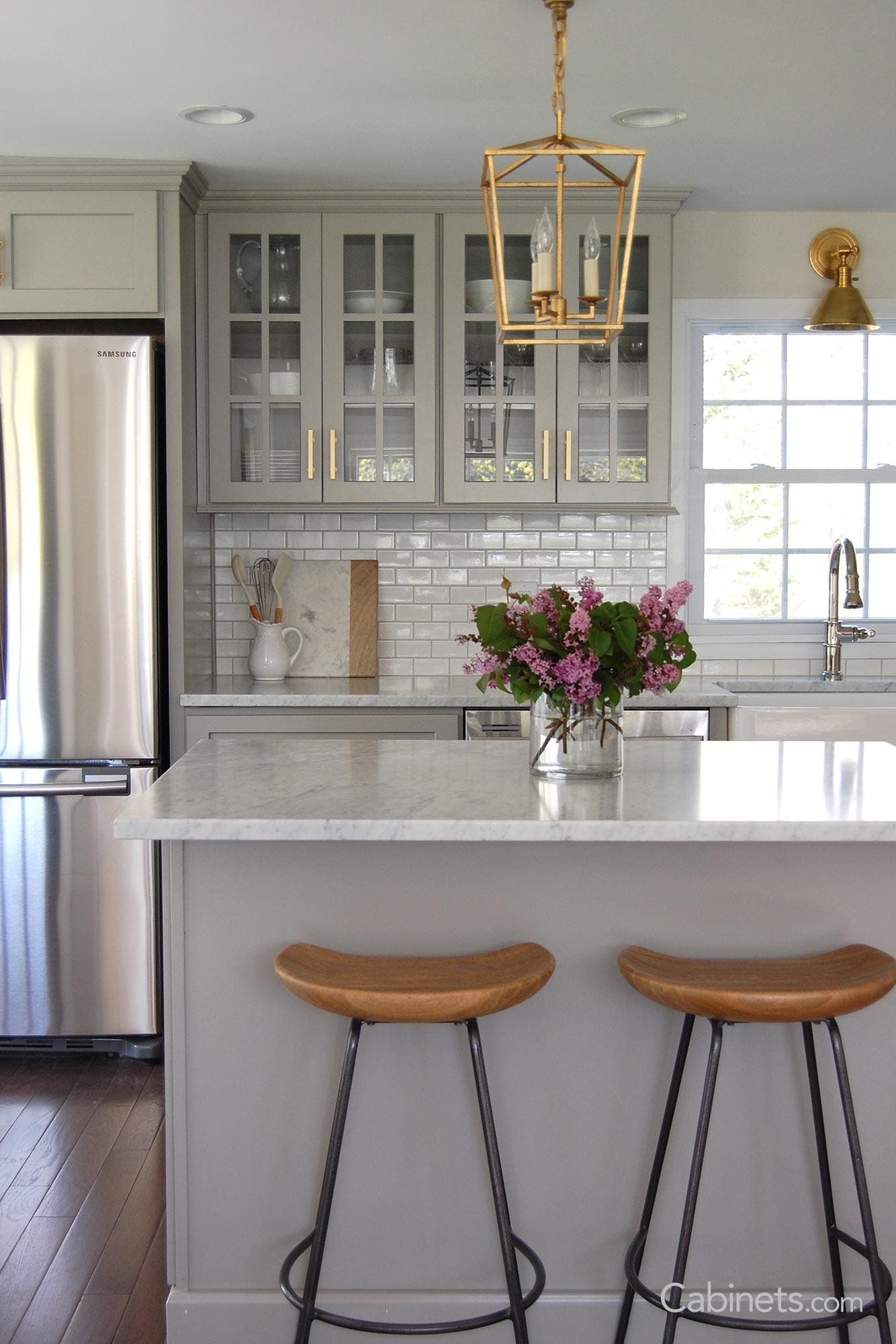 Willow grey cabinets with gold hardware