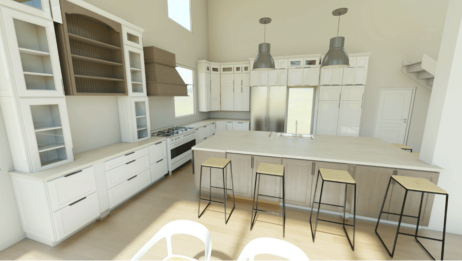 Modern shaker style kitchen with double islands in Midnight and Bright White finishes.