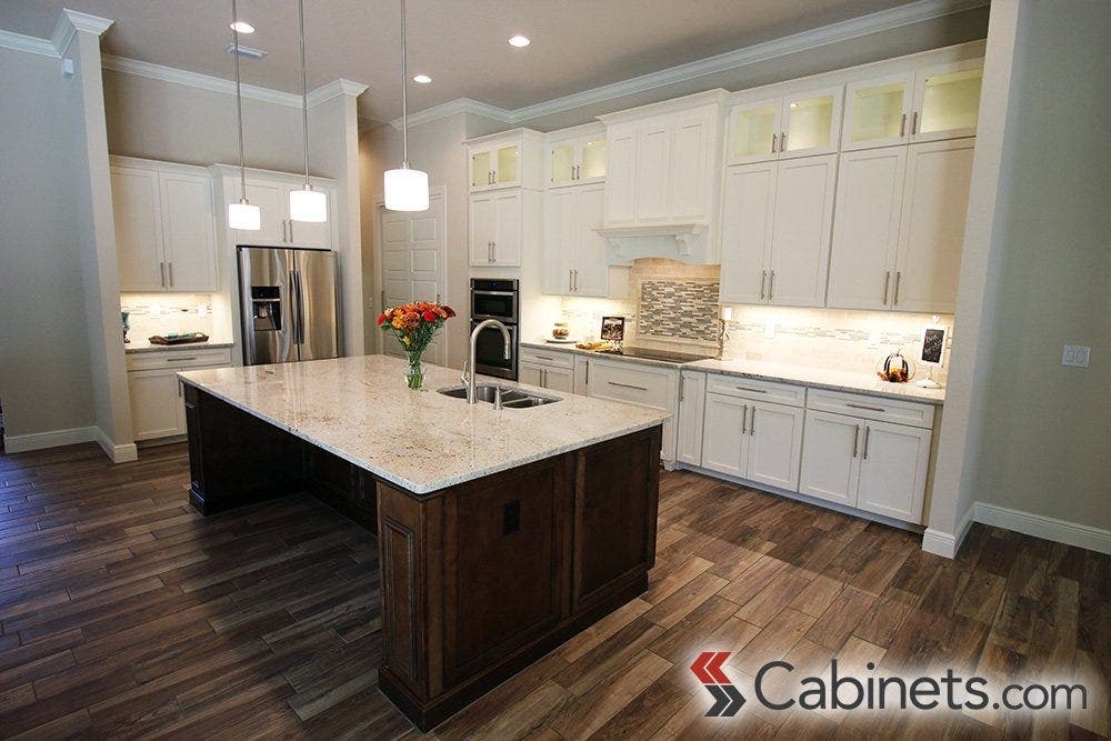 An example of two tone cabinetry using our Colonial II Maple Alabaster and Belleair Maple Pecan cabinets.