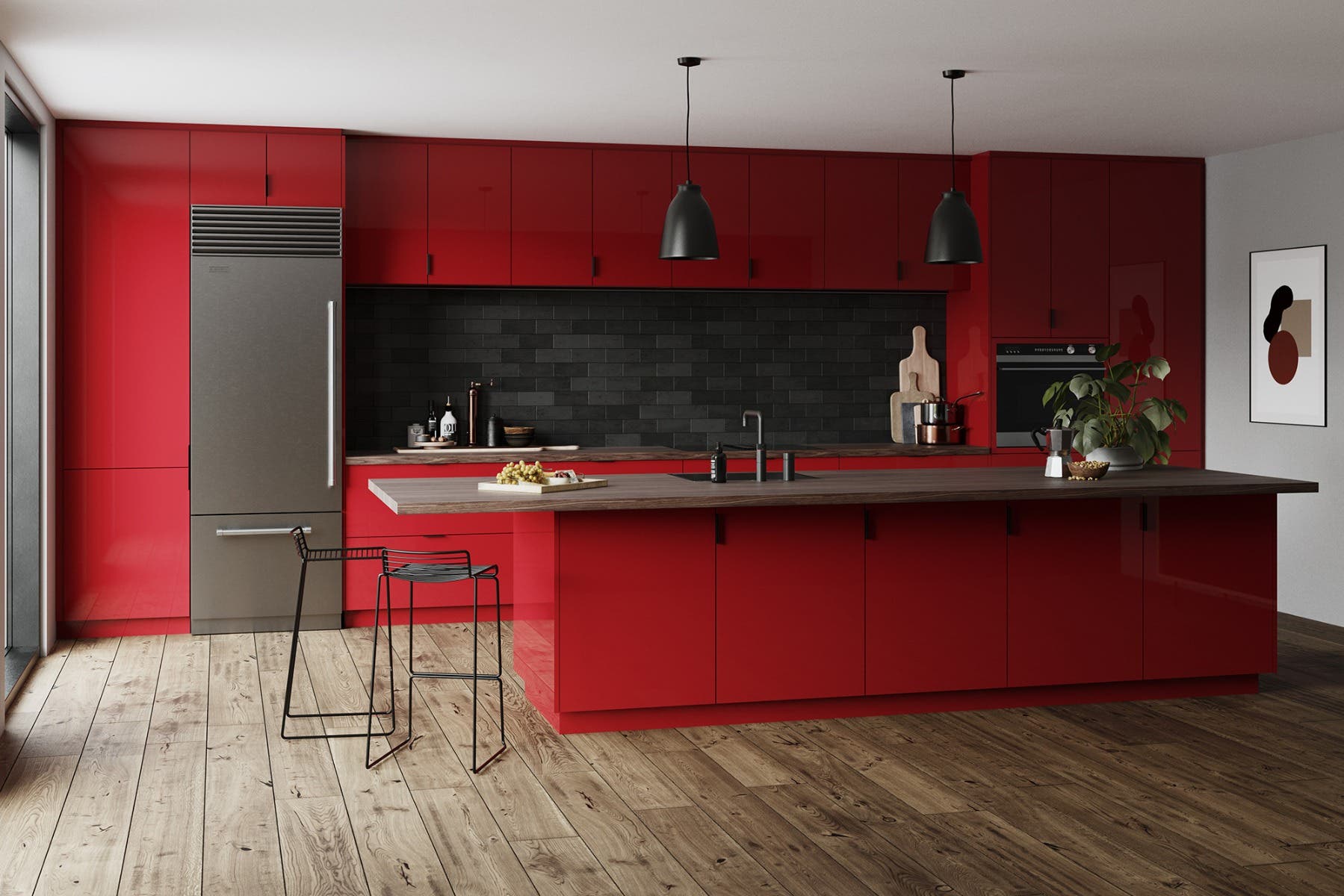 Red Gloss Modern Kitchen Cabinets