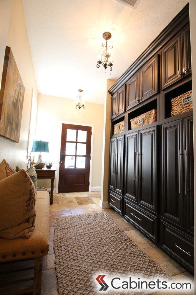 A mudroom in a hallway makes great use of the space.