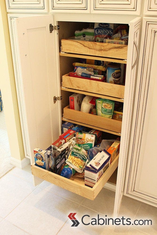 Organizing your pantry will roll-out shelves and bins makes lunch prep so much easier!
