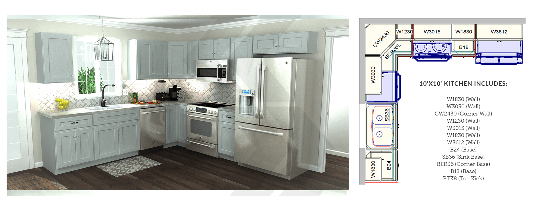 10' x 10' kitchen rendering next to corresponding kitchen floorplan?