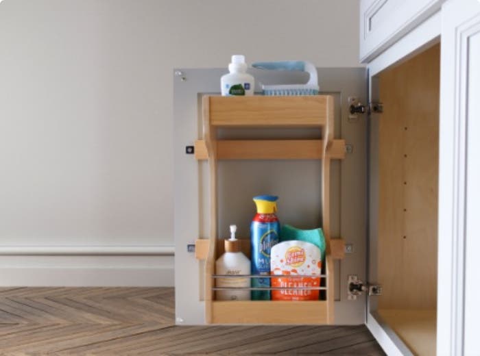 Rev-a-Shelf cabinet organizer accessory with kitchen cleaning products' premium plywood